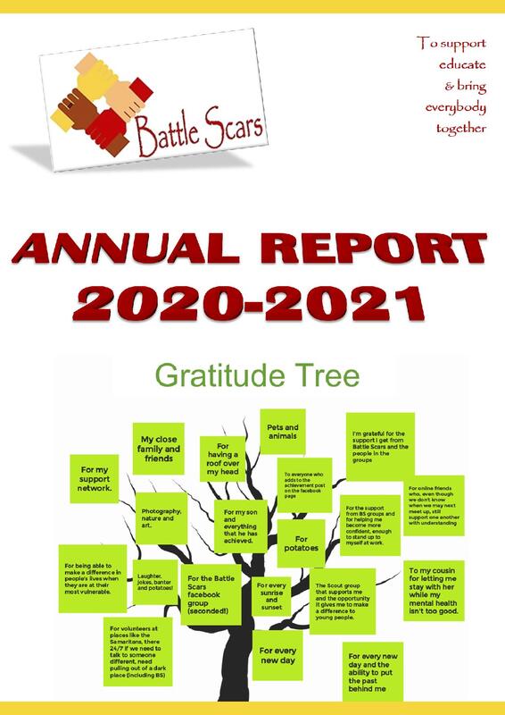 Battle Scars annual report 2020-2021 front cover with a jamboard picture of the gratitude tree with green postits and people's additions. Links to full report