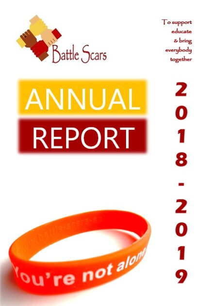 Battle Scars annual report 2018-2019 front cover with one orange wristband. Links to full report