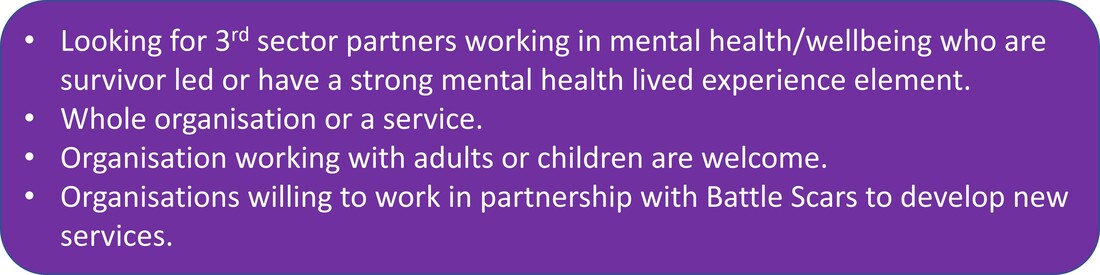 Looking for 3rd sector partners working in mental health or wellbeing who are survivor led or have a strong mental health lived experience element. Whole organisation or a service. Priority will be given to smaller organisations especially those encouraging volunteering. Organisations working with adults or children are welcome. 