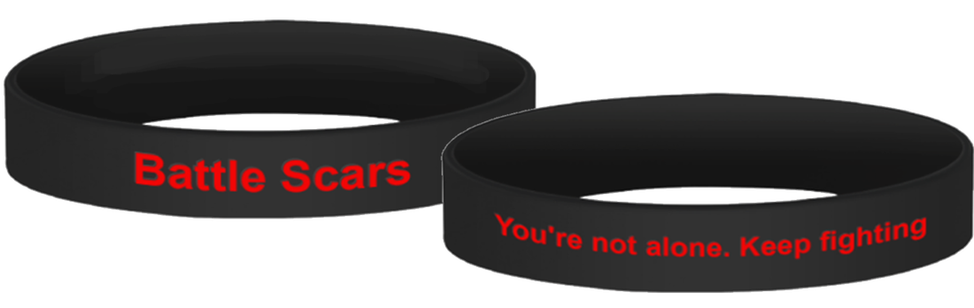 Black Battle Scars wristbands with red writing