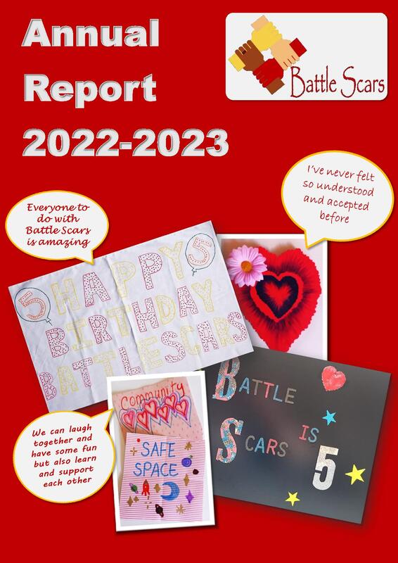 Annual report 2022-23. Cover is red with pictures from art and activities from the Battle Scars 5th birthday. Links to full report