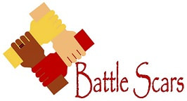 The current Battle Scars logo with shorter interlinked arms of different colours and the words Battle Scars