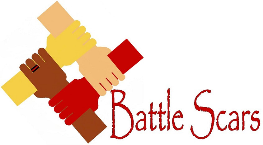 Old Battle Scars logo with 4 long interlinked arms of different colours and the words Battle Scars
