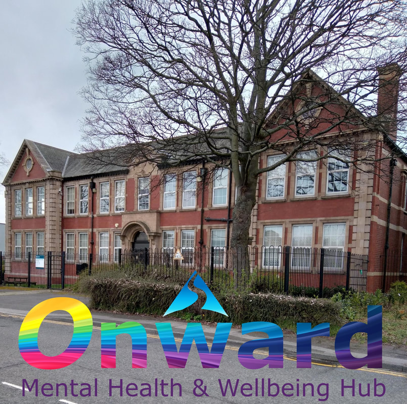 large brick built building with many windows and the onward mental health hub logoPicture