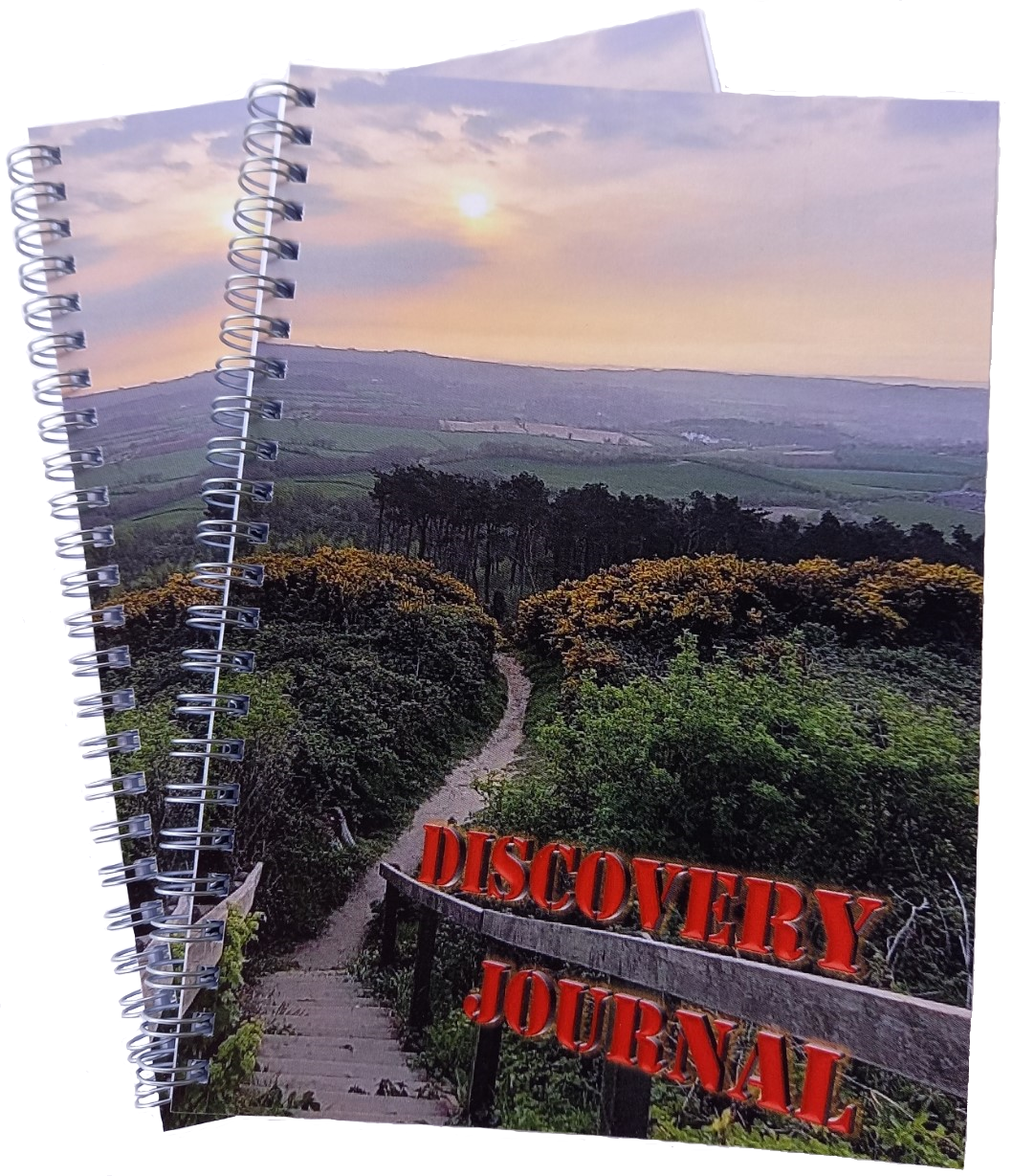 The spiral bound Discovery journal workbook with a picture of a path leading to trees and hills