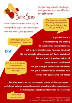 Battle Scars A5 information leaflet is white and red with quotes