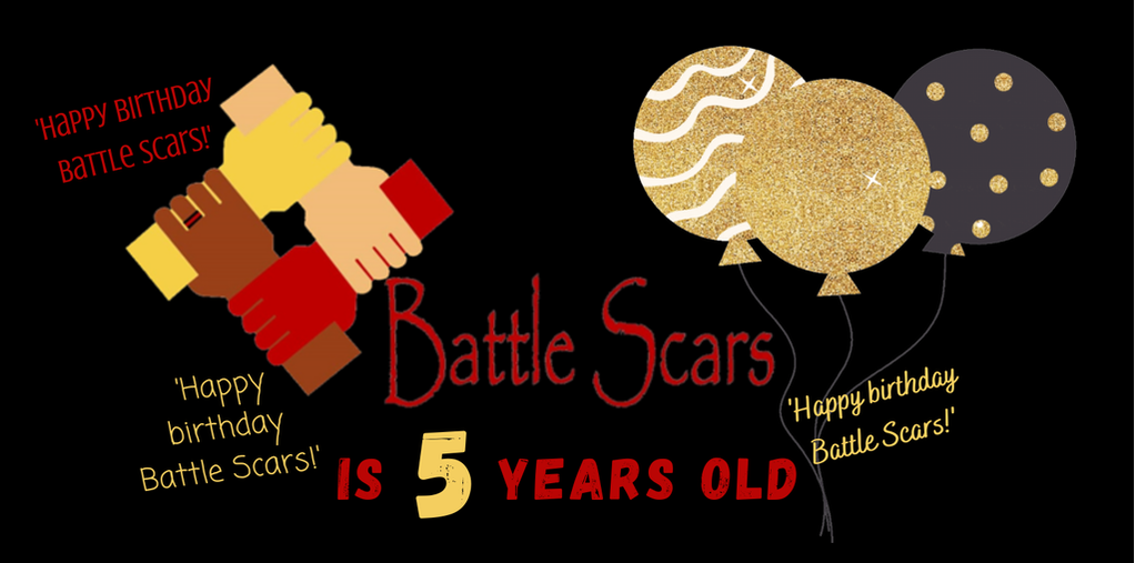 Battle Scars 5th birthday banner is black with our logo and balloons