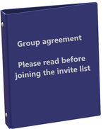 Blue folder with the words Group agreement. Please read before joining the invite list. Link to the group agreement document
