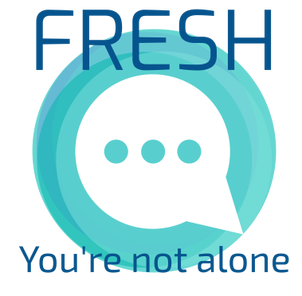 FRESH logo is a white speech bubble surrounded by light blue circles, the word fresh above and the words you're not alone underneath 