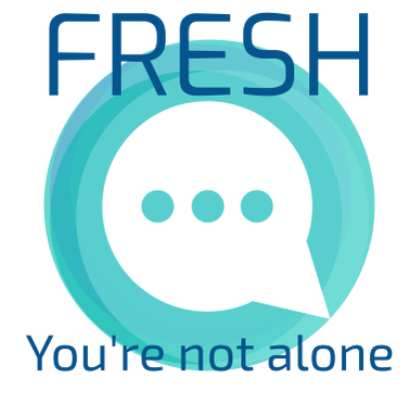 FRESH logo is a white speech bubble surrounded in light blues with the word FRESH above and the words you're not alone underneath