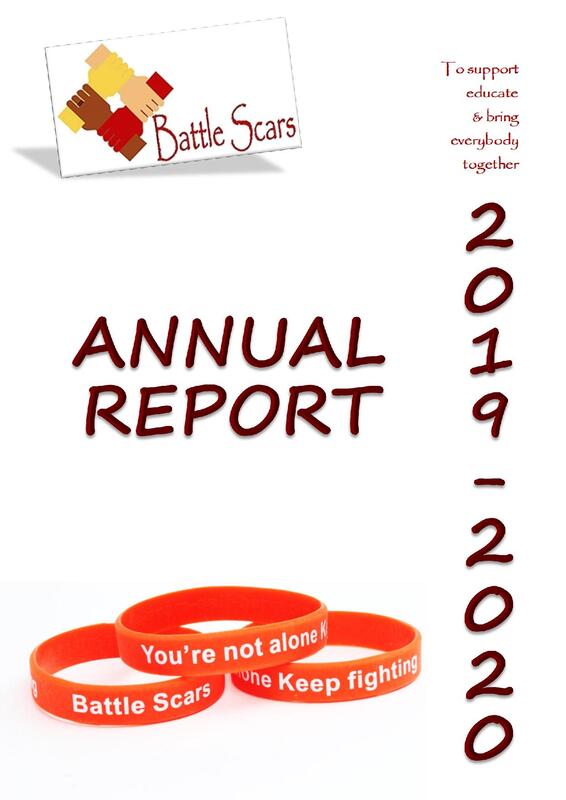 Battle Scars annual report 2019-2020 front cover with 3 Battle Scars wristbands. Links to full report