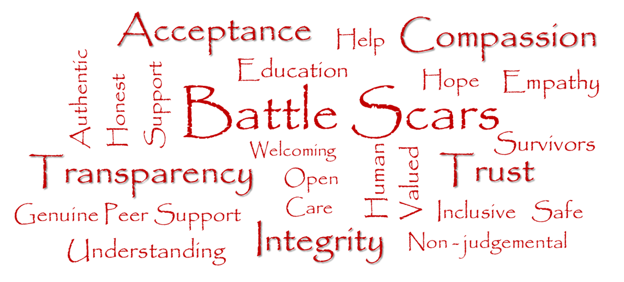 picture of words about the Battle Scars values like survivors trust and understanding